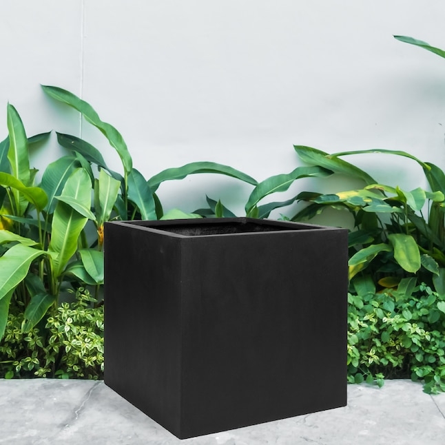 Planter Pot, Extra Large Matte Black Cubic. Modern black square planter box.