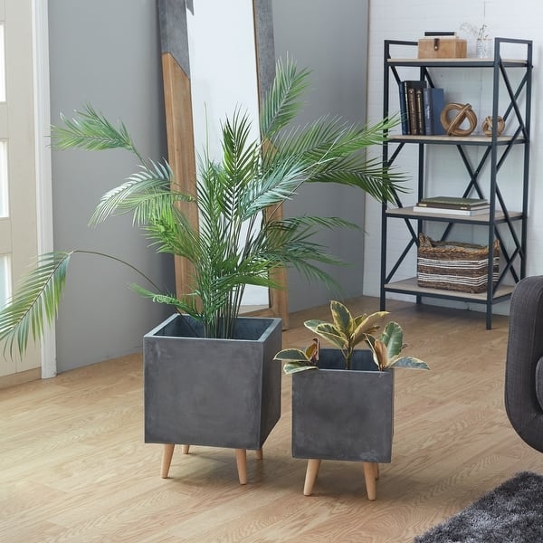 Planter Pot Set Cylindrical Fiber Clay with Stone-Like Pitted Texture