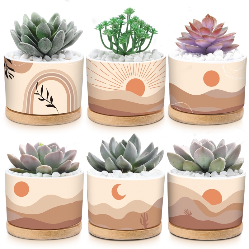 Planter Pot Set featuring Sunburst Motif and Wood Trays, Boho Ceramic Pots