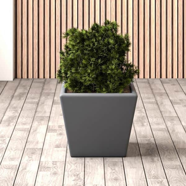 Planter Pot Tapered Square Dark Grey with Stone-Like Finish Recessed Rim