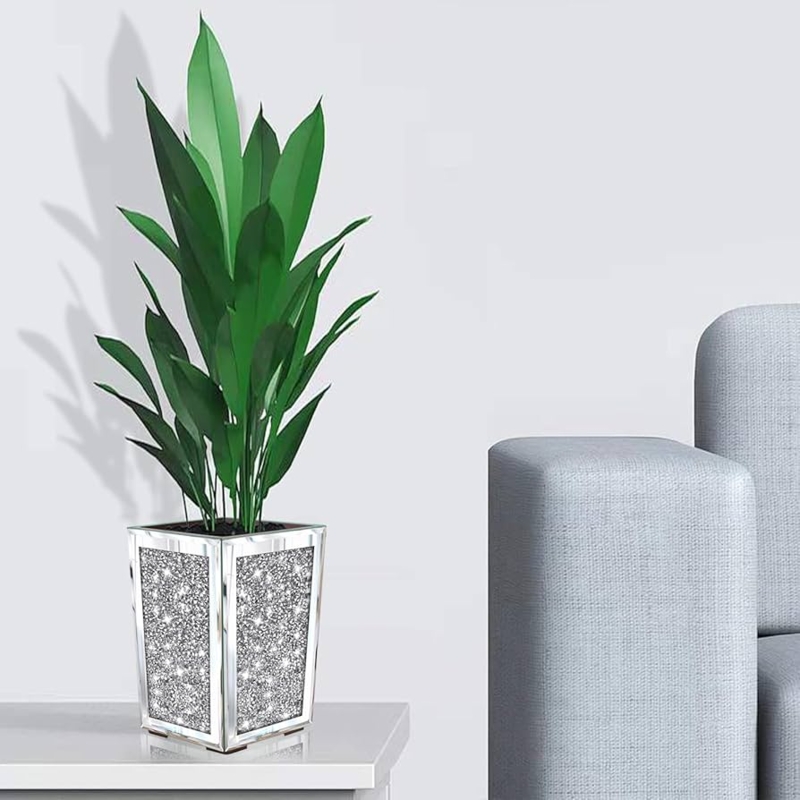 Planter Rectangular Crushed Diamond Inlay Mirrored Finish Glam Style