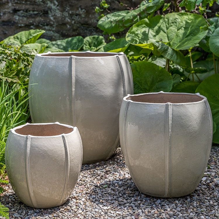 Planter Ribbed Ceramic Garden Pot Weathered Cream Rustic Transitional