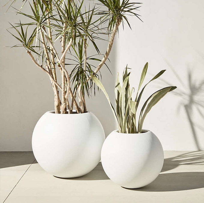 Planter Sculptural Spherical Shape Stone-Like Matte White Garden Pot
