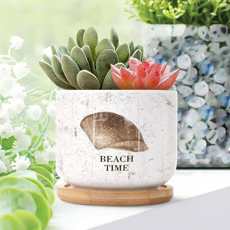 Planter Seashell Shape Heavy Distressing Turquoise Ceramic