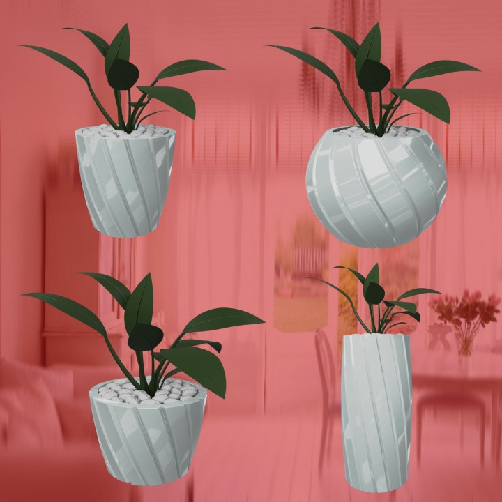 Planter Set 3D Printed Abstract Line Patterns Geometric Relief Matte