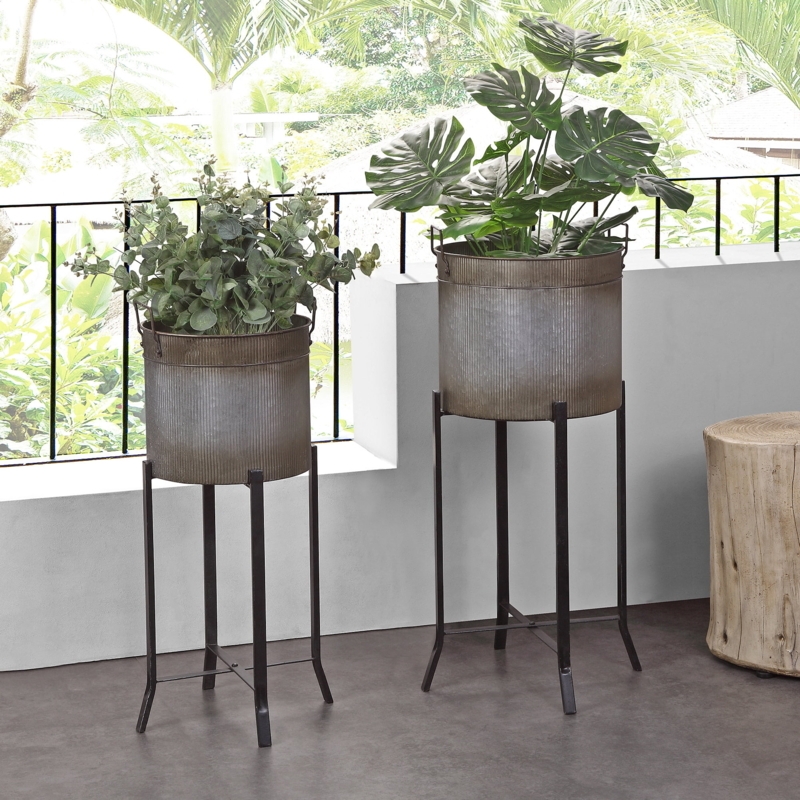 Planter Set Aged Silver Finish Trough Silhouette Industrial Stand