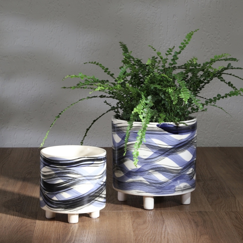 Planter Set Blue Cream Ceramic Watercolor Pattern Tripod Legs Glossy