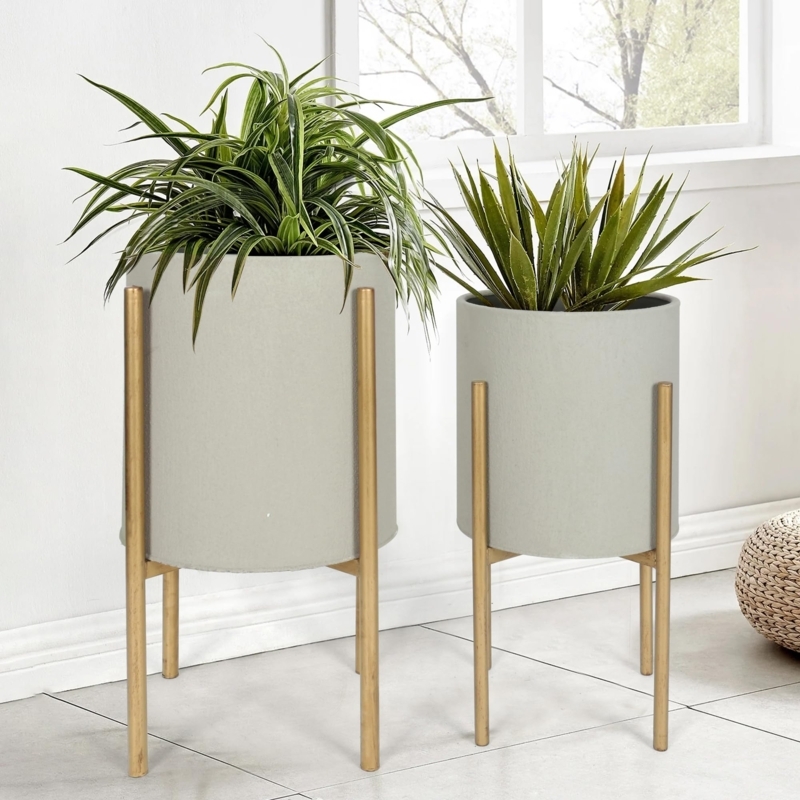 Planter Set Cement Grey Frosted Finish Metal Stand Industrial Style