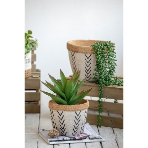 Planter Set Cement-Like Pots featuring Carved V-Pattern Chevron Detail