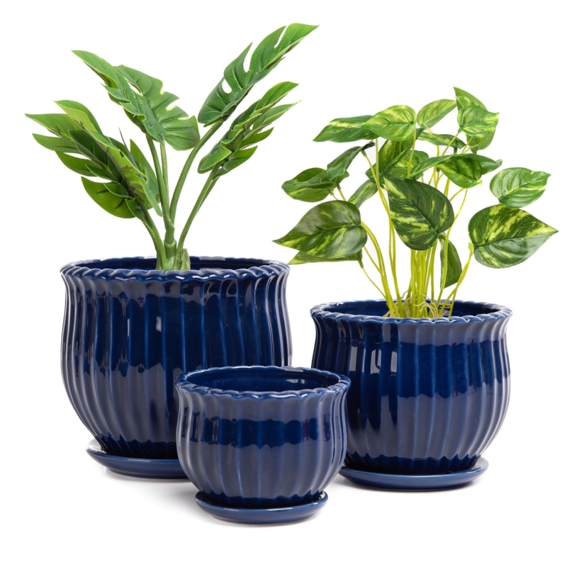 Planter Set Ceramic Graduated Sizes Navy Blue Ribbed Texture