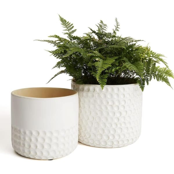 Planter Set Ceramic Pots with Drainage Saucers Minimalist Ivory Round