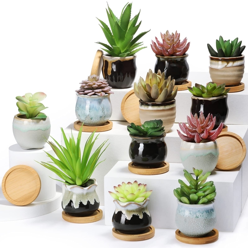 Planter Set Colorful Textured Ceramic Pots Bamboo Saucers Bohemian