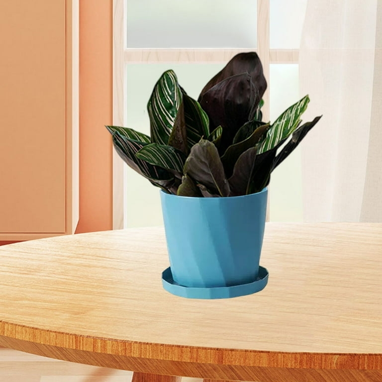 Planter Set Dark Teal Vertical Ribbing Resin Matching Saucers Modern