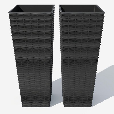 Planter Set Espresso Brown Basket Weave Tall Tapered