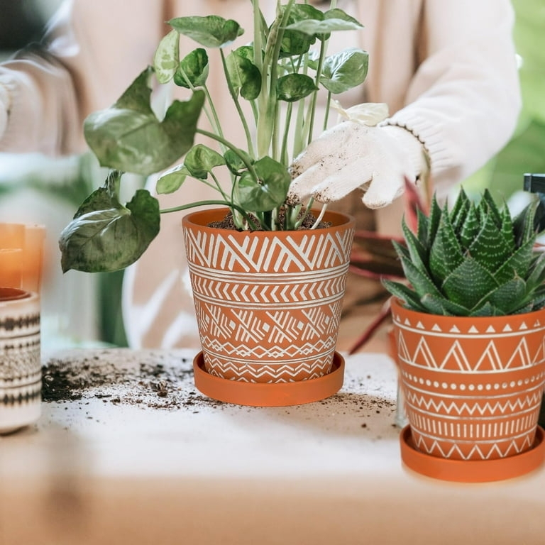 Planter Set featuring Etched Geometric Relief, Modern Terracotta Flower Pots