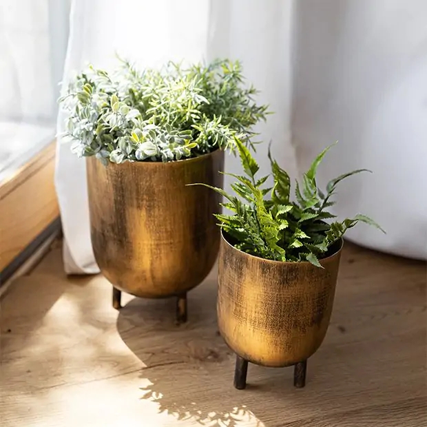 Planter Set Footed Base Matte Black Metal Pedestal Bowl Styling