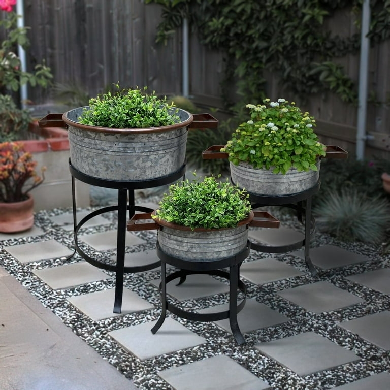 Planter Set Galvanized Finish Black Iron Stands Three Piece Tiered