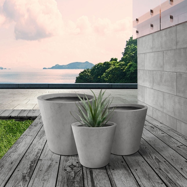 Planter Set, Graduated Round Concrete Outdoor Pots. (60 chars)