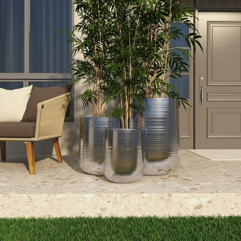Planter Set Graduated Sizes Wide Opening Hammered Aluminum Industrial