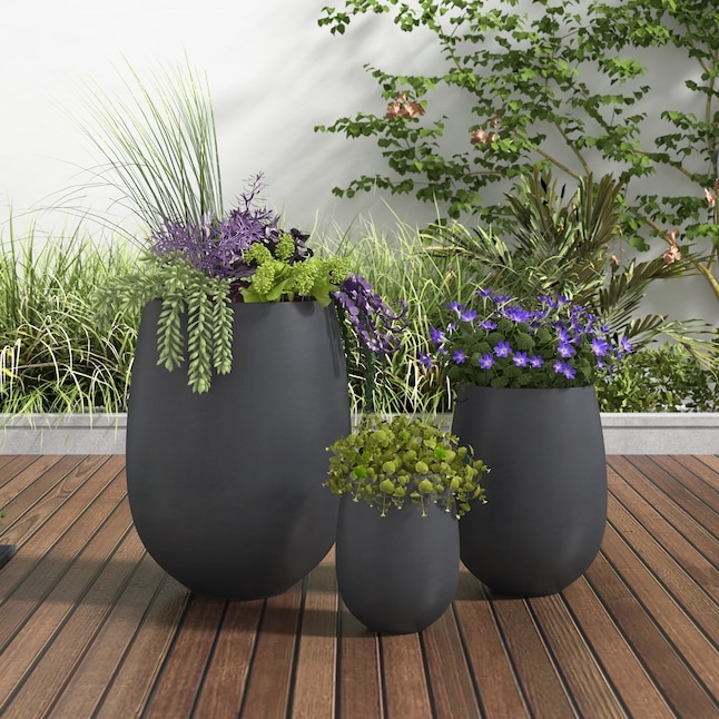 Planter Set Graduated Trio Tapered Round in Charcoal Grey Stone-Like