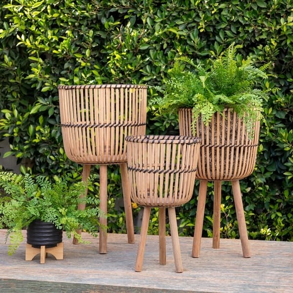Planter Set Graduated Woven Bamboo Baskets on Tripod Legs