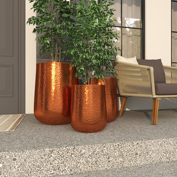 Planter Set Hammered Copper Finish with Tapered Round Base