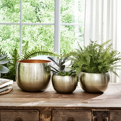 Planter Set Hammered Gold Metal Tripod Legs Tiered Accent