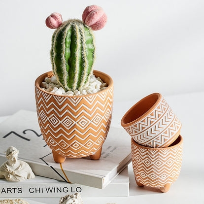 Planter Set in Terracotta Cement with Weathered Texture, Boho Textured Pots