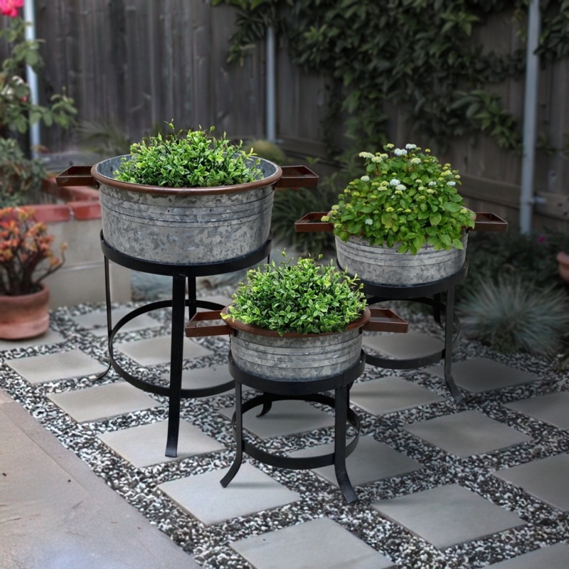 Planter Set Industrial Galvanized Metal Round Tubs on Tripod Stands