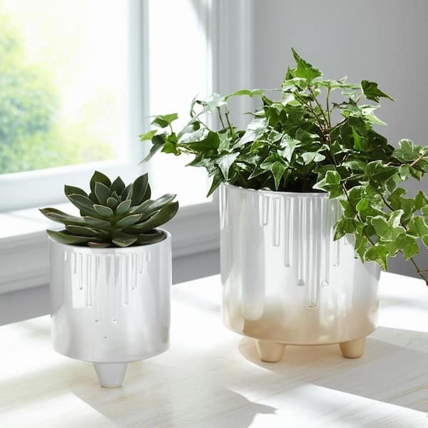 Planter Set Ivory Footed Ceramic Planters Iridescent Textured Pots
