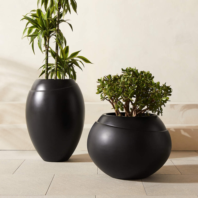 Planter Set Low Profile Bowl, Matte Black Stone Pots