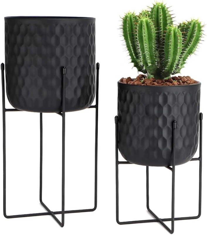 Planter Set Matte Black Metal Slender Tripod Legs Ribbed Pots