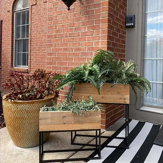 Planter Set Metal Side Handles Slatted Wood Rustic Porch Decor