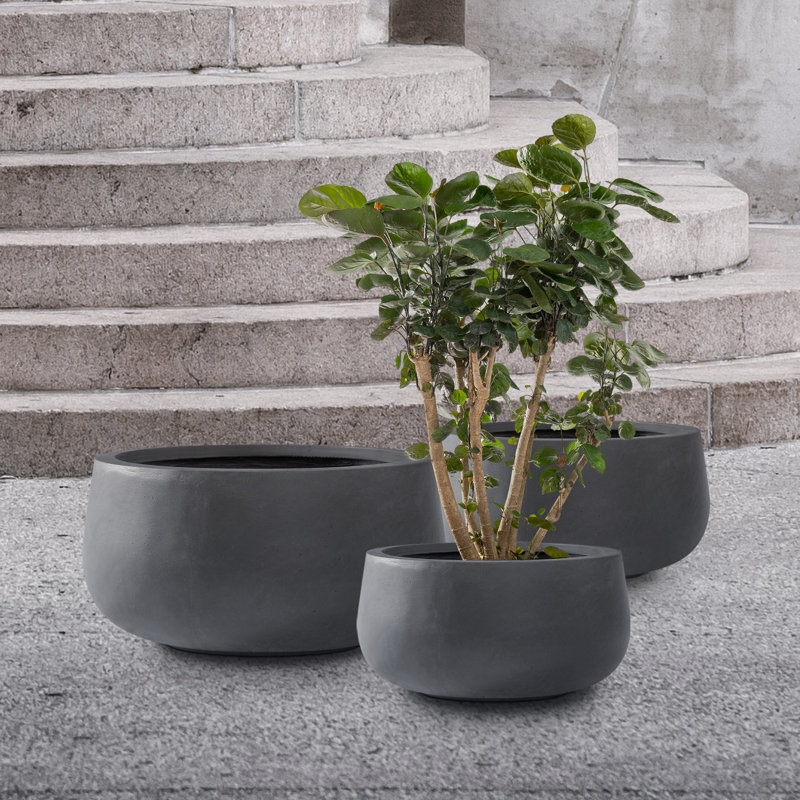 Planter Set Minimalist Round Trio in Matte Charcoal Concrete-Like Finish