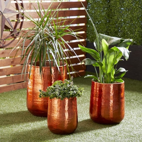Planter Set Mixed Metallic Copper and Silver with Hammered Finish