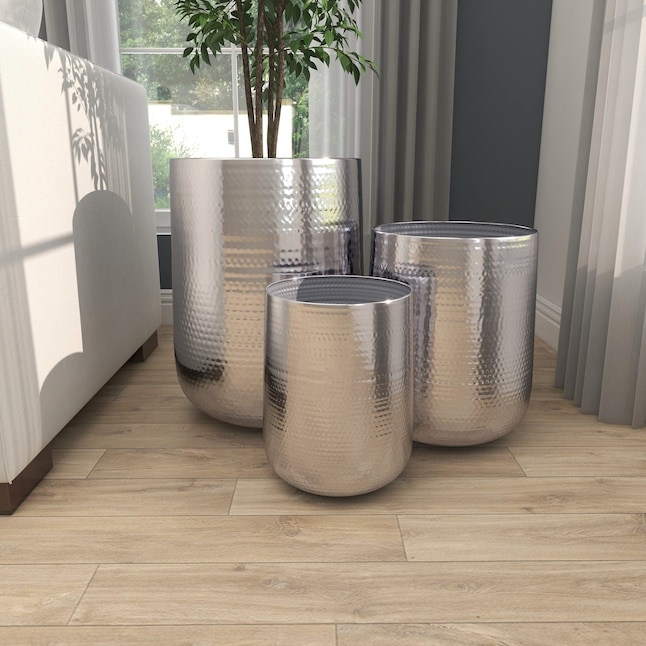 Planter Set Nested Trio Hammered Texture Reflective Silver Finish Round