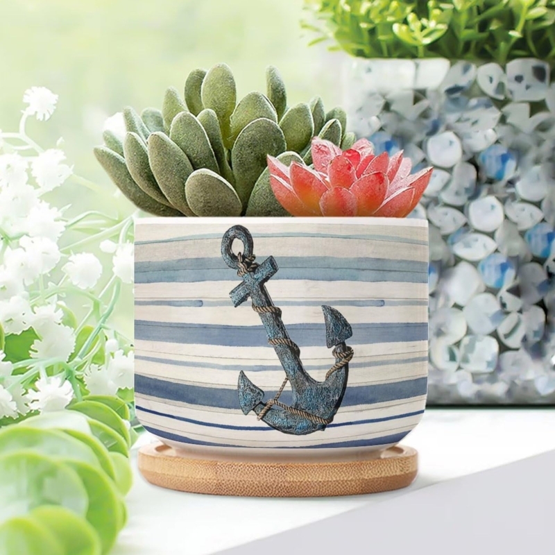 Planter Set of 5 Nautical Anchor Design Navy Blue Ceramic