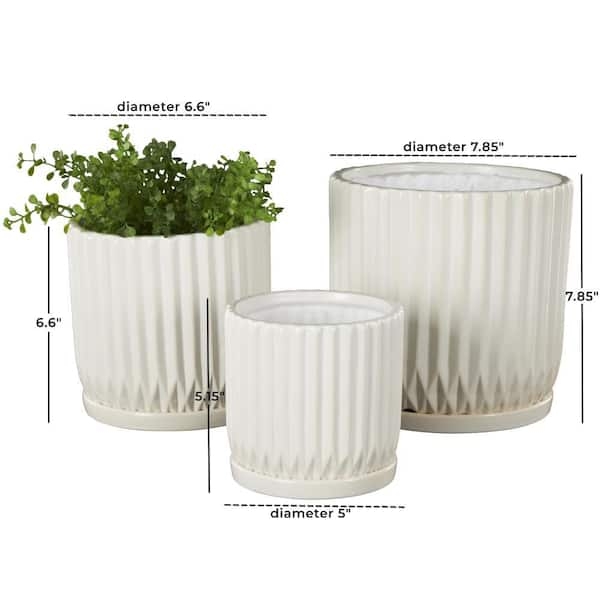 Planter Set of Three Ceramic Pots with Ribbed Surface and Saucers