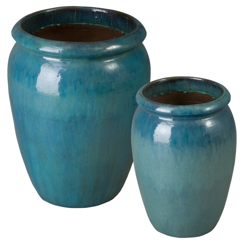 Planter Set of Two, Glossy Teal Reactive Glaze Convex Silhouette
