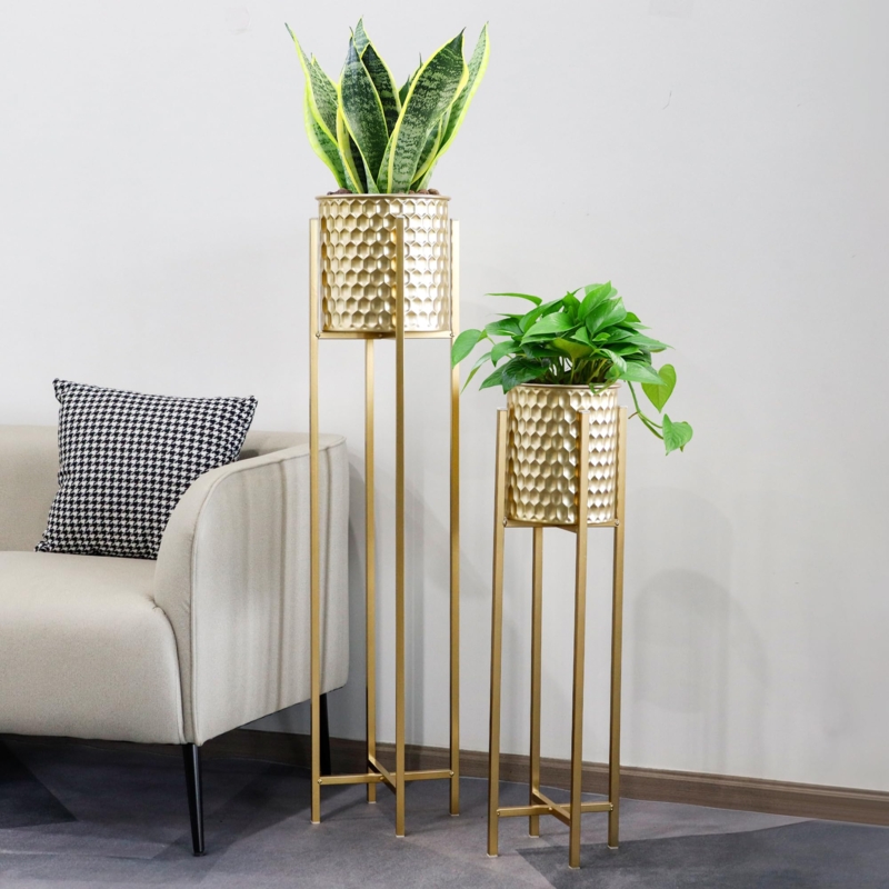 Planter Set Ribbed Dark Gray with Metal Stands Tiered