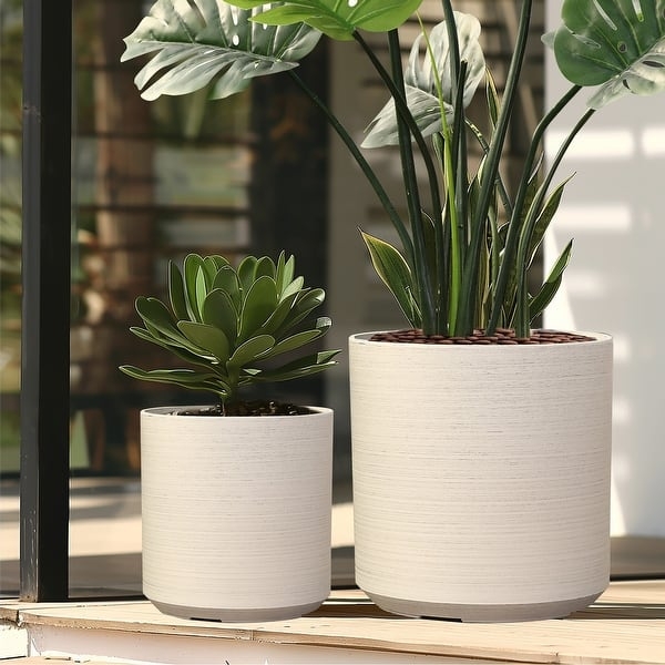 Planter Set Ribbed Surface Graduated Sizes Matte Cream Garden Pots