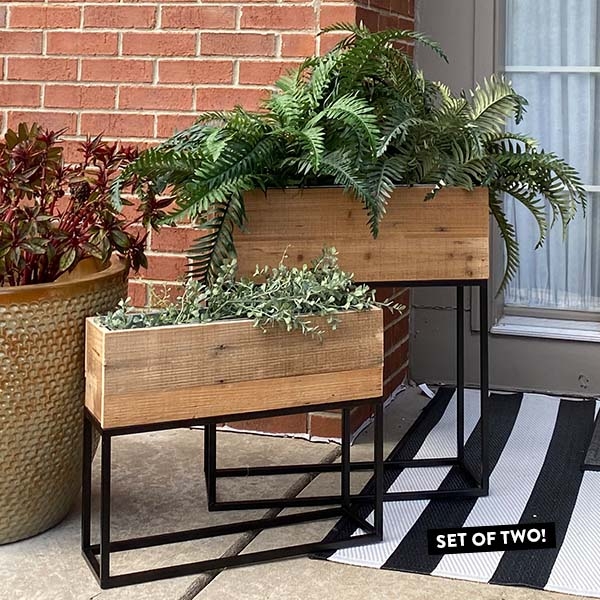 Planter Set Riveted Metal Trim Mixed Material Nested Wood And Metal