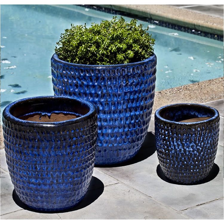 Planter Set Royal Blue Glossy Dimpled Ceramic