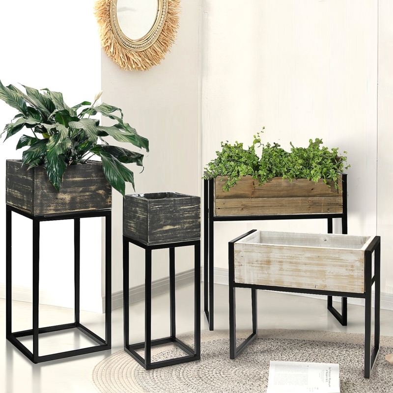 Planter Set Rustic Reclaimed Wood Rectangular Troughs Metal Frames