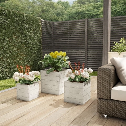 Planter Set Rustic Square Trio with Whitewashed Horizontal Slat Texture