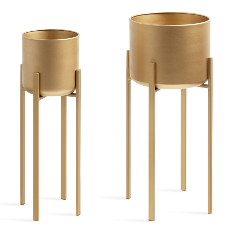 Planter Set Satin Cylindrical Pots on Elevated Stands