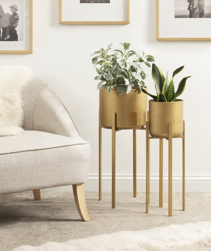 Planter Set Satin Metallic Bowl Silhouette on Cross Leg Stand