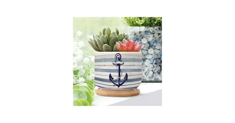 Planter Set Sculptural Anchor Shape Glossy Navy Blue Ceramic