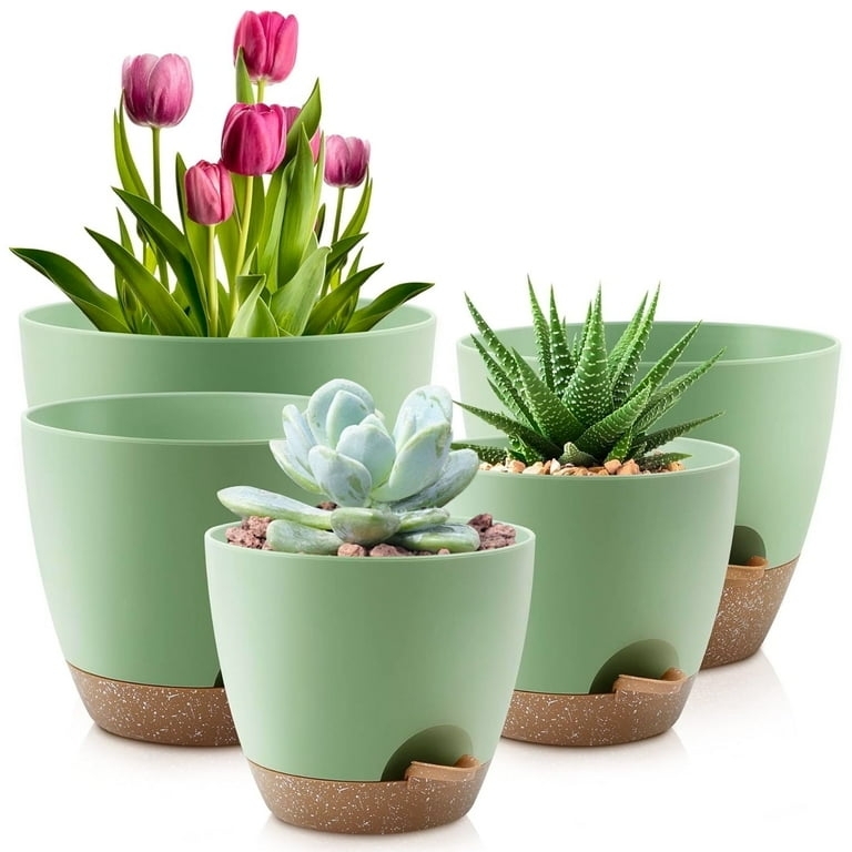 Planter Set Self Watering Design Graduated Sage Green Matte Plastic