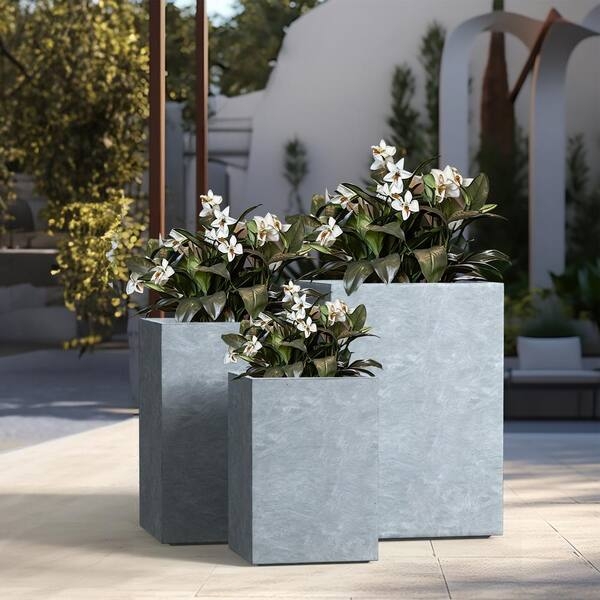Planter Set, Staggered Square Slate Gray Concrete Pots. (65 chars)